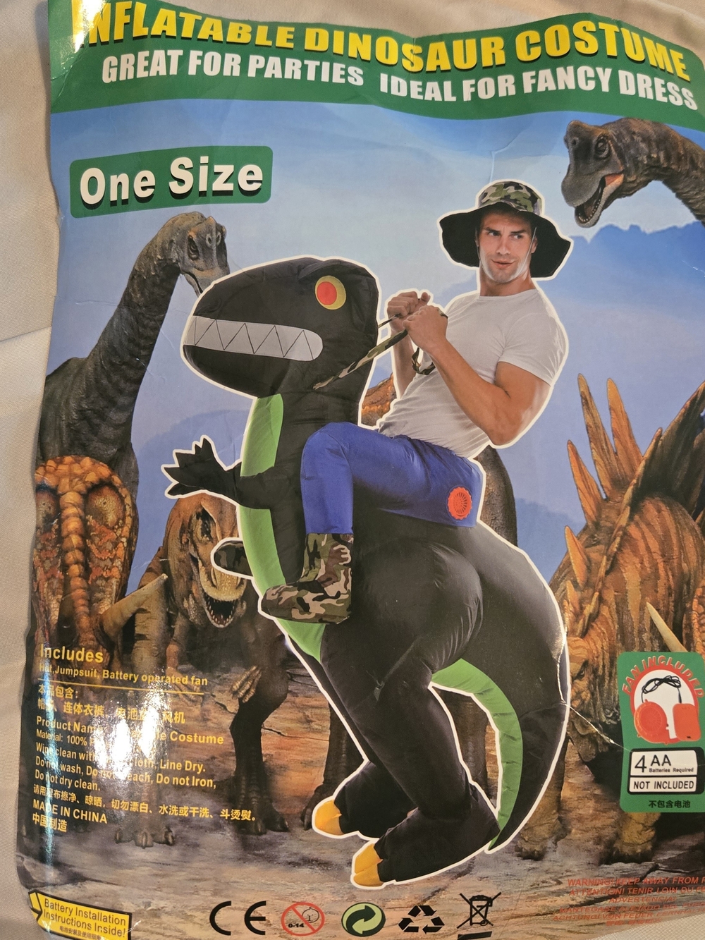 Men's Inflatable Dinosaur Ride-On Costume - Black/Green